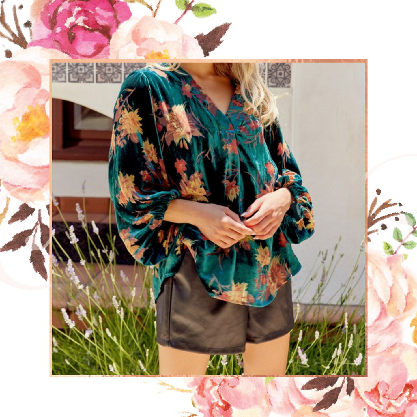 Velvet Floral Bubble Sleeve Blouse