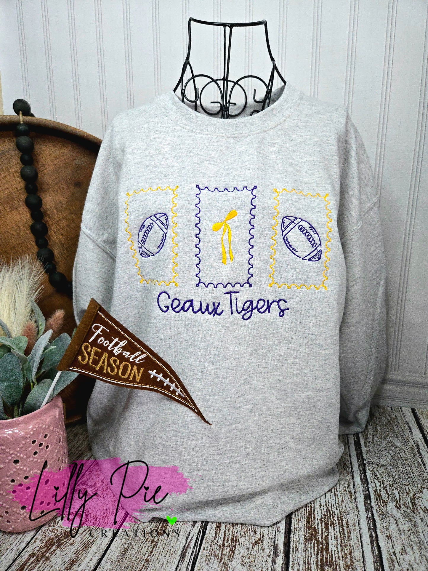 Purple and Gold Embroidered Football Stamp Sweatshirt