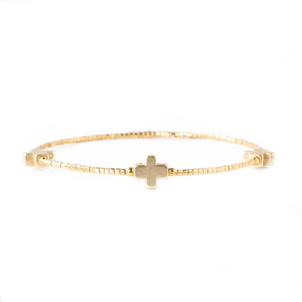 Faithful Beaded Cross Bangle w/ Matte Gold Crosses-Gold