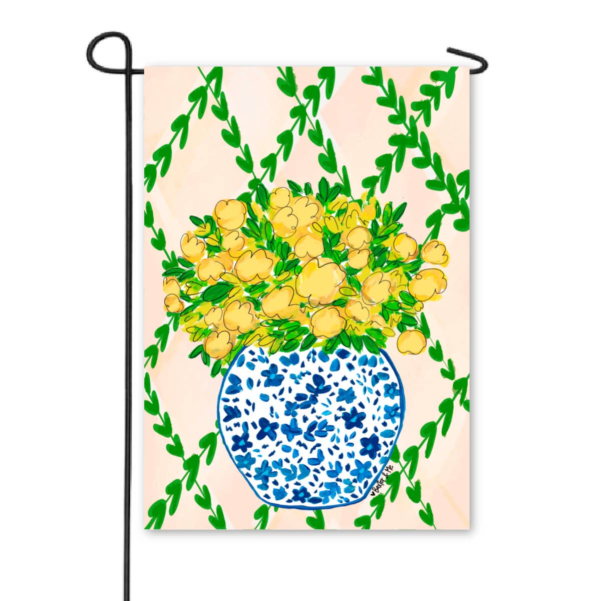Yellow Floral in Blue Willow Garden Flag