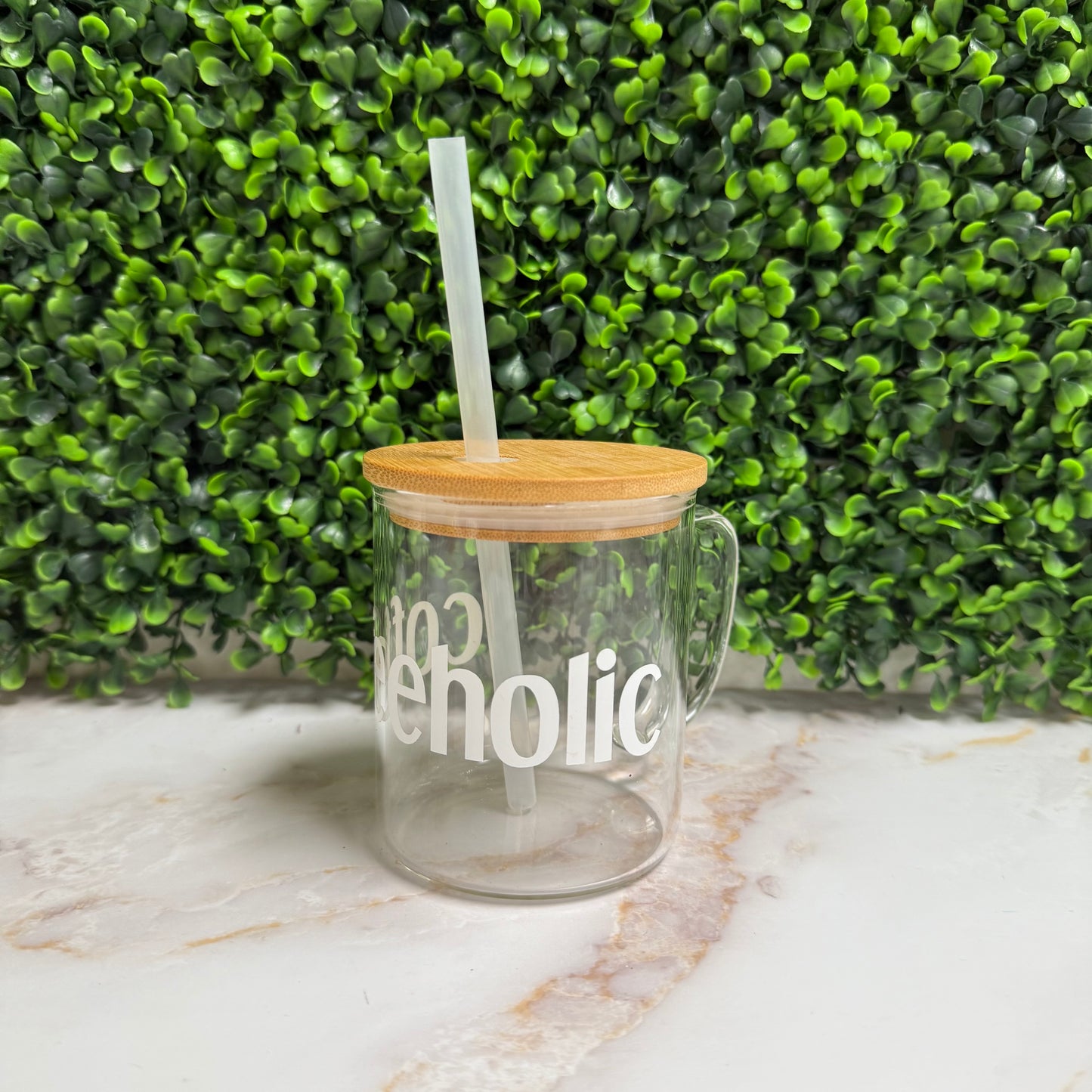 Coffeeholic Glass Mug with Bamboo top and Straw