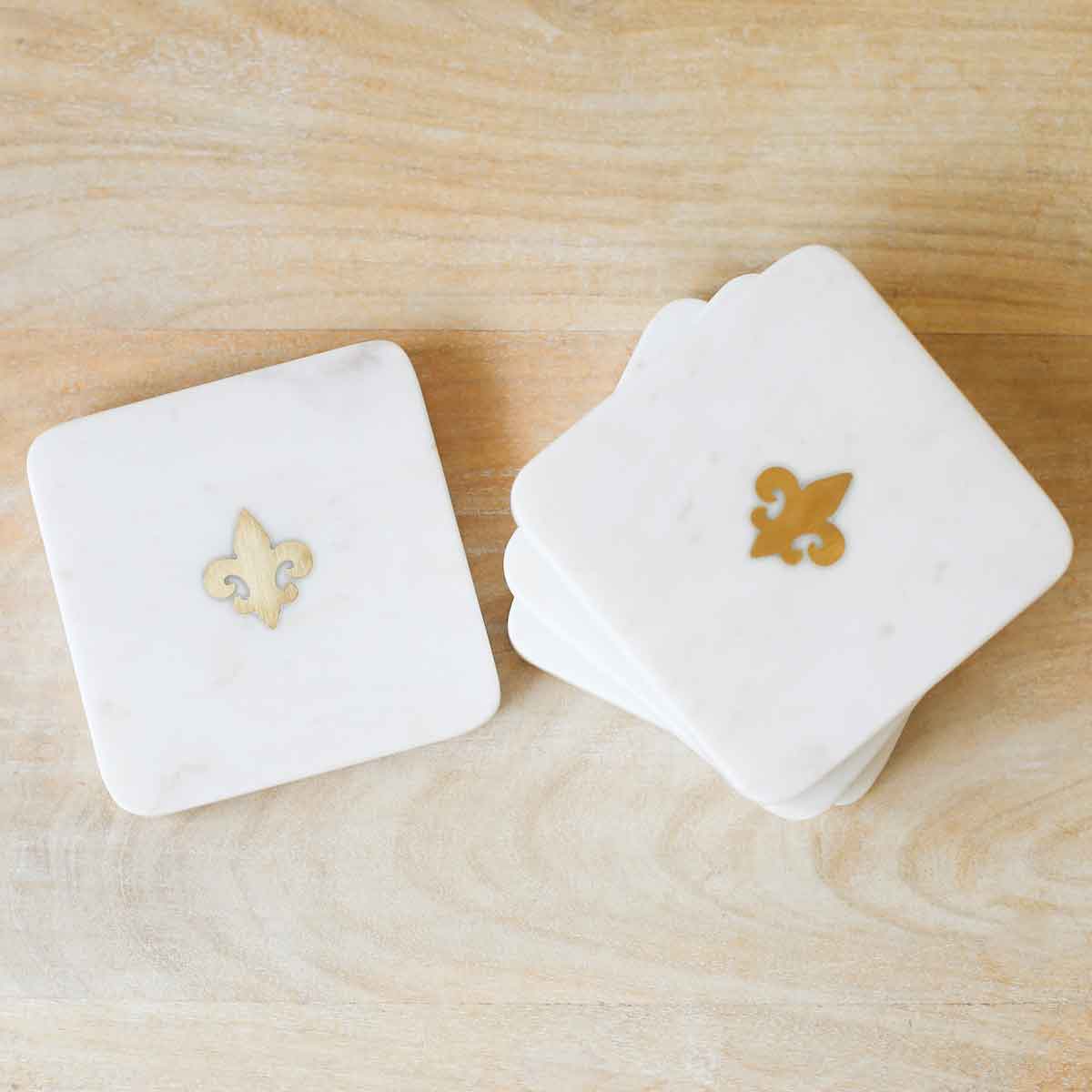 Fleur de Lis Marble Coasters White/Brass 4x4