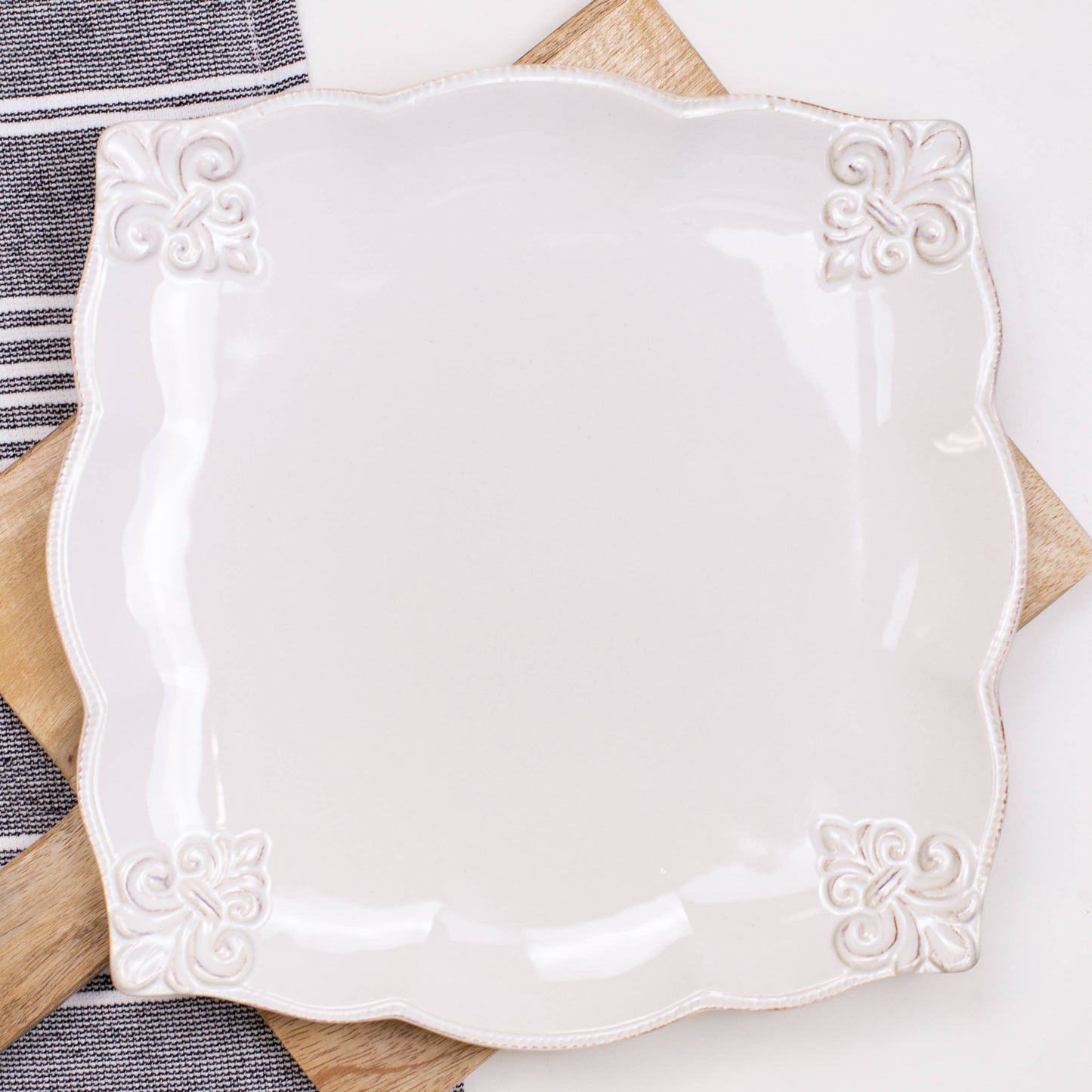 Embossed Fleur de Lis Square Platter Antique White 10x10.25