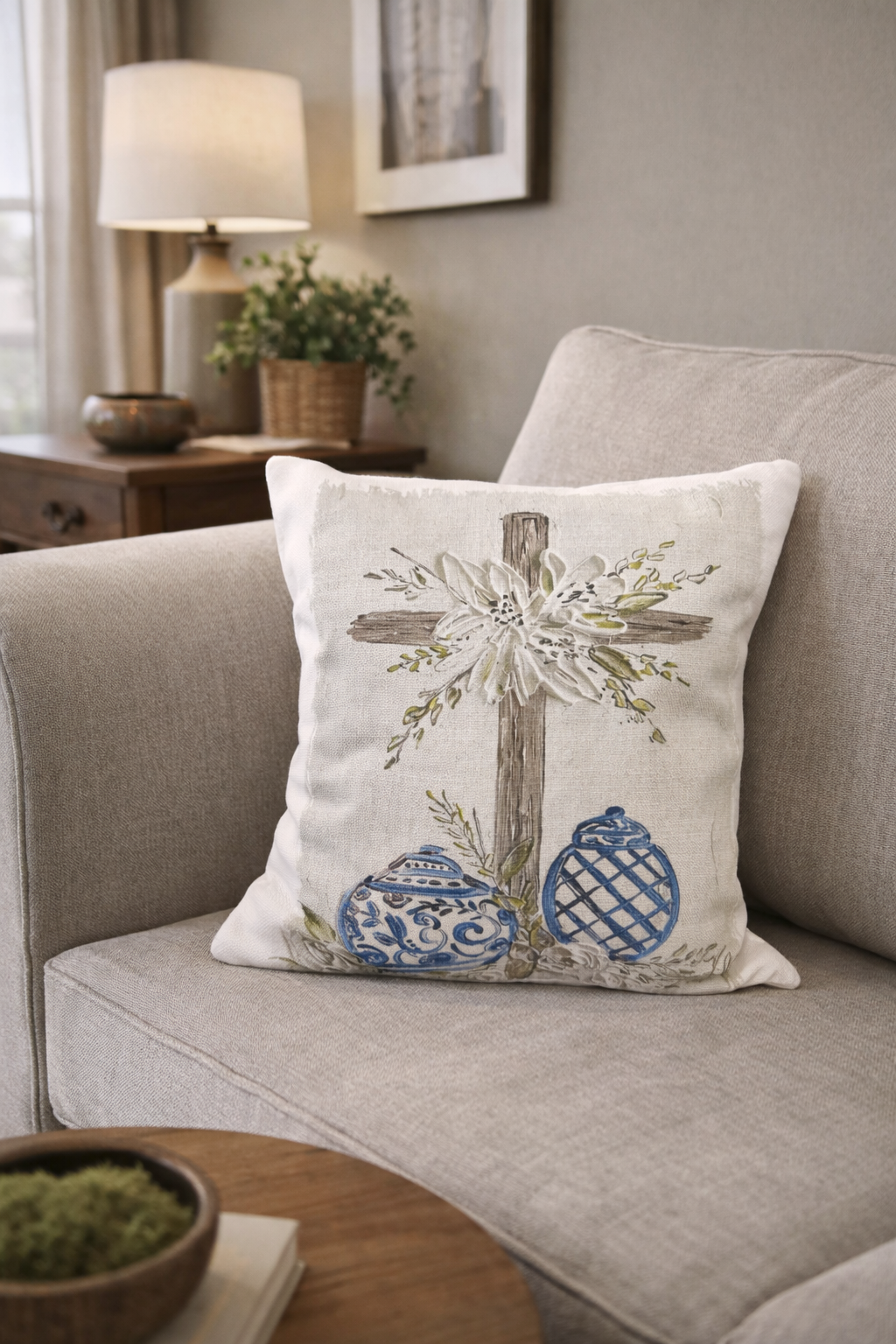 GA Cross with Blue Vases Pillow