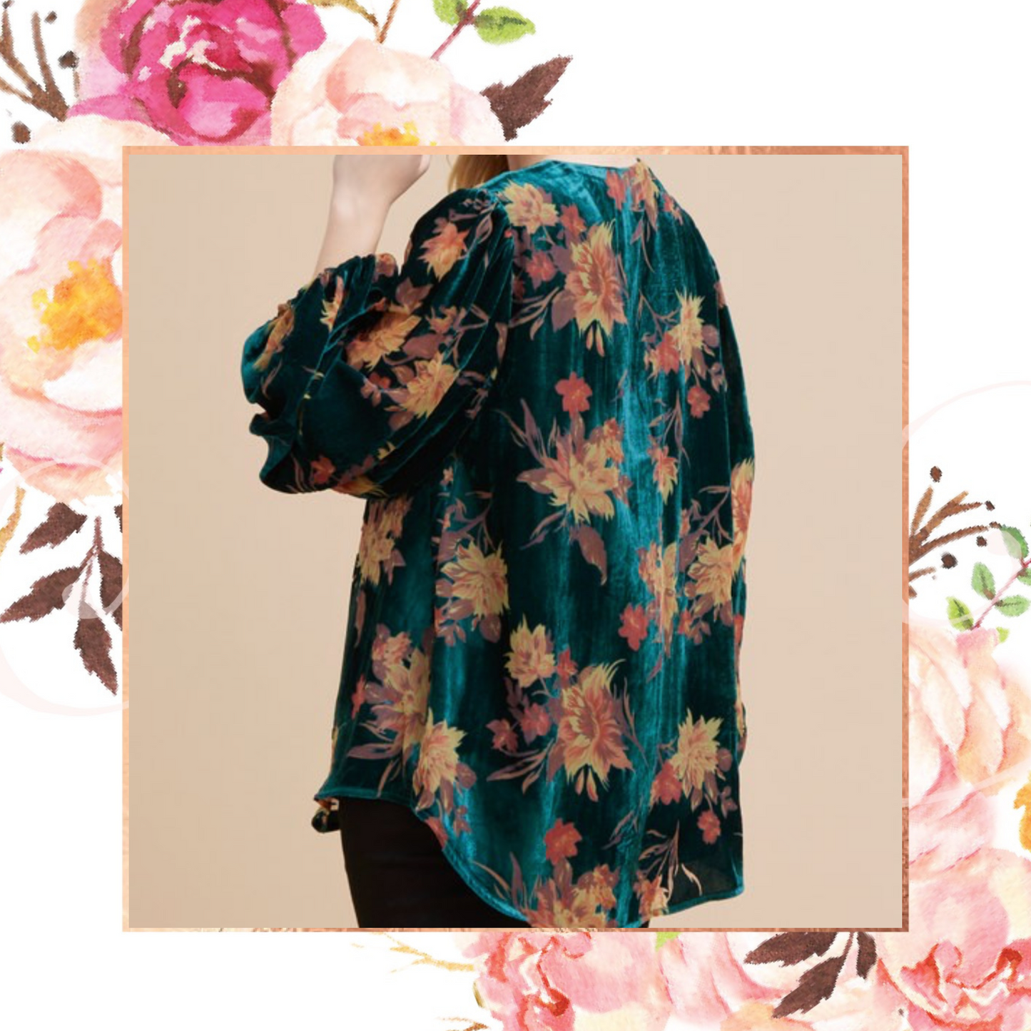 Velvet Floral Bubble Sleeve Blouse