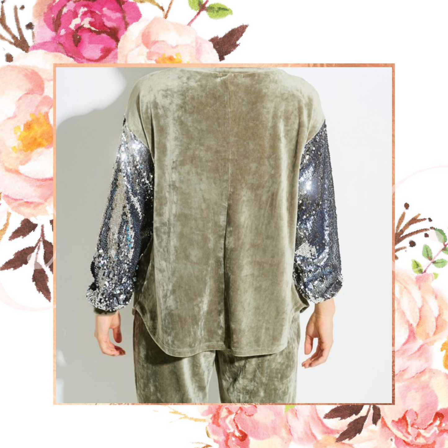Sage Sequin Sleeve Velvet Cozy Sweat Set