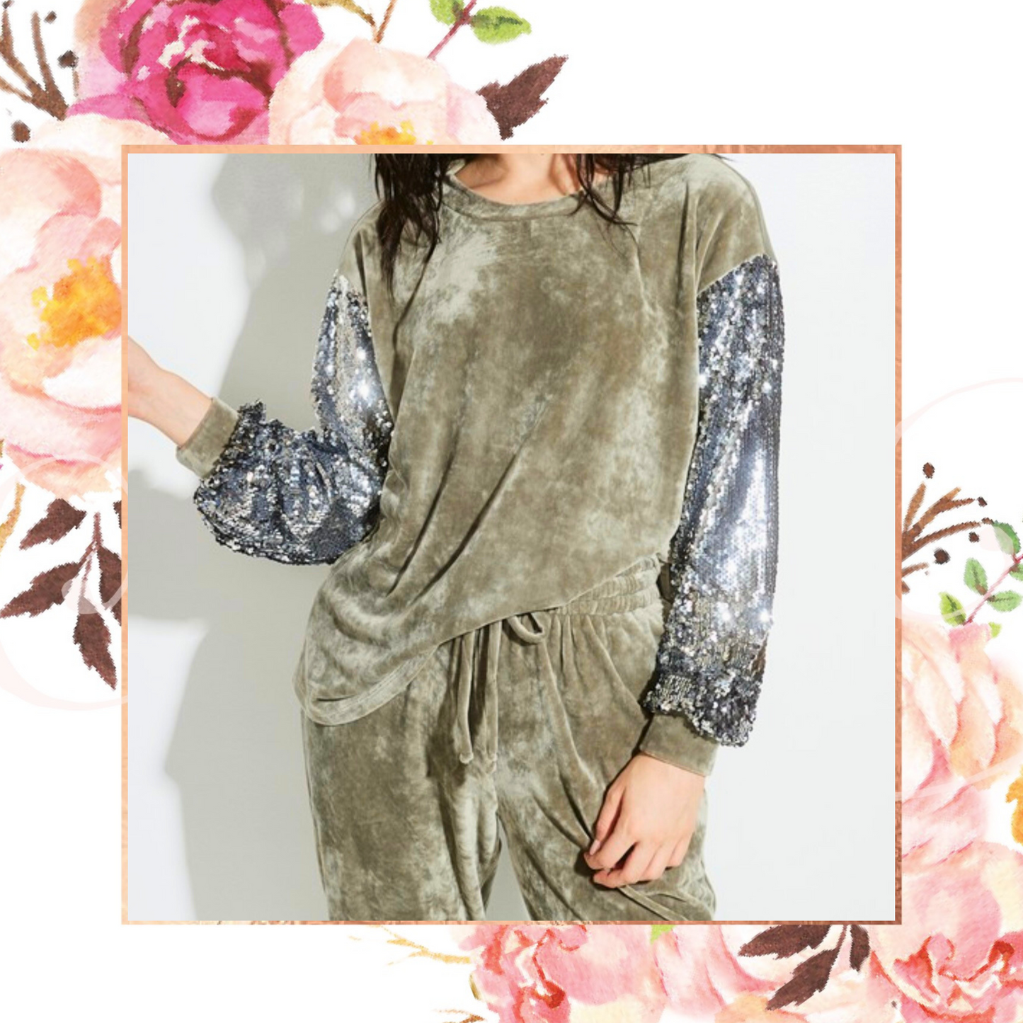 Sage Sequin Sleeve Velvet Cozy Sweat Set