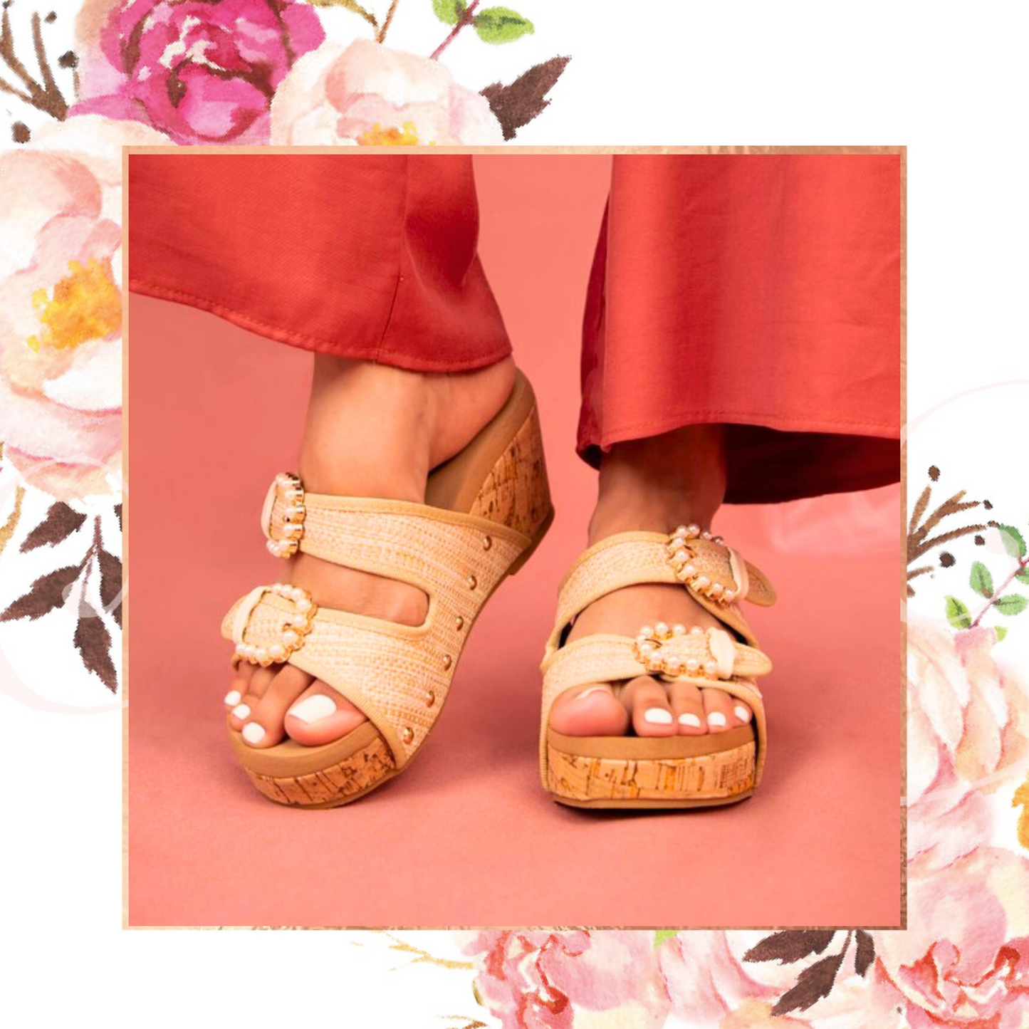 Raffia Buckled Cork Wedge