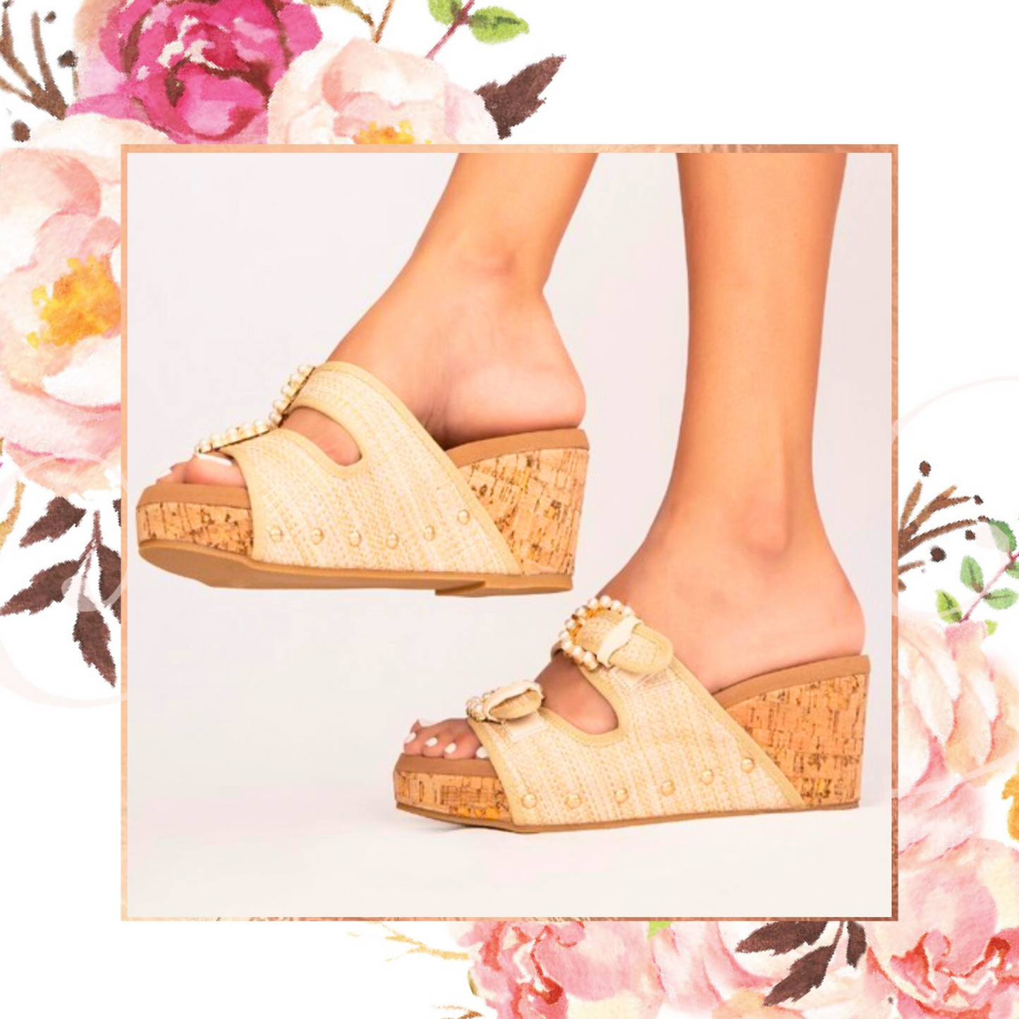 Raffia Buckled Cork Wedge
