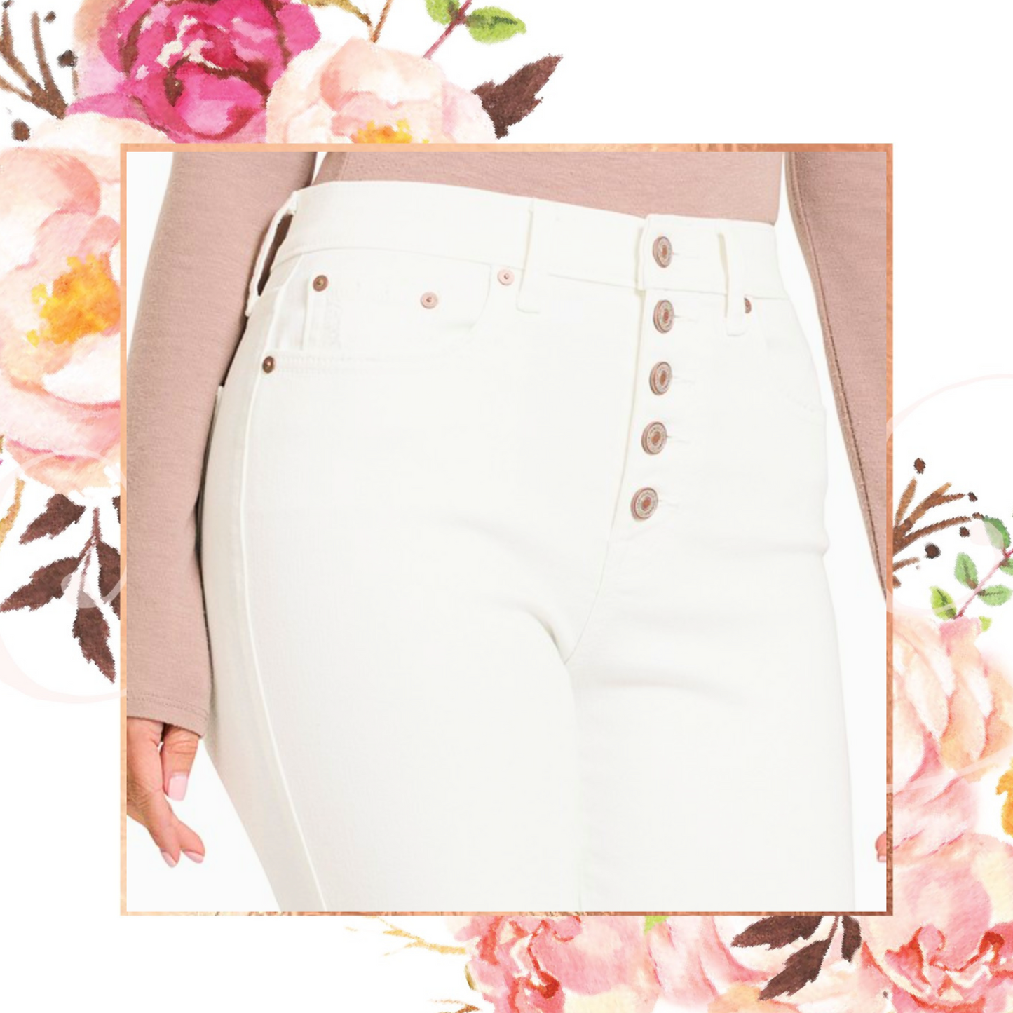 White Button Fly Raw Hem Skinny Jeans