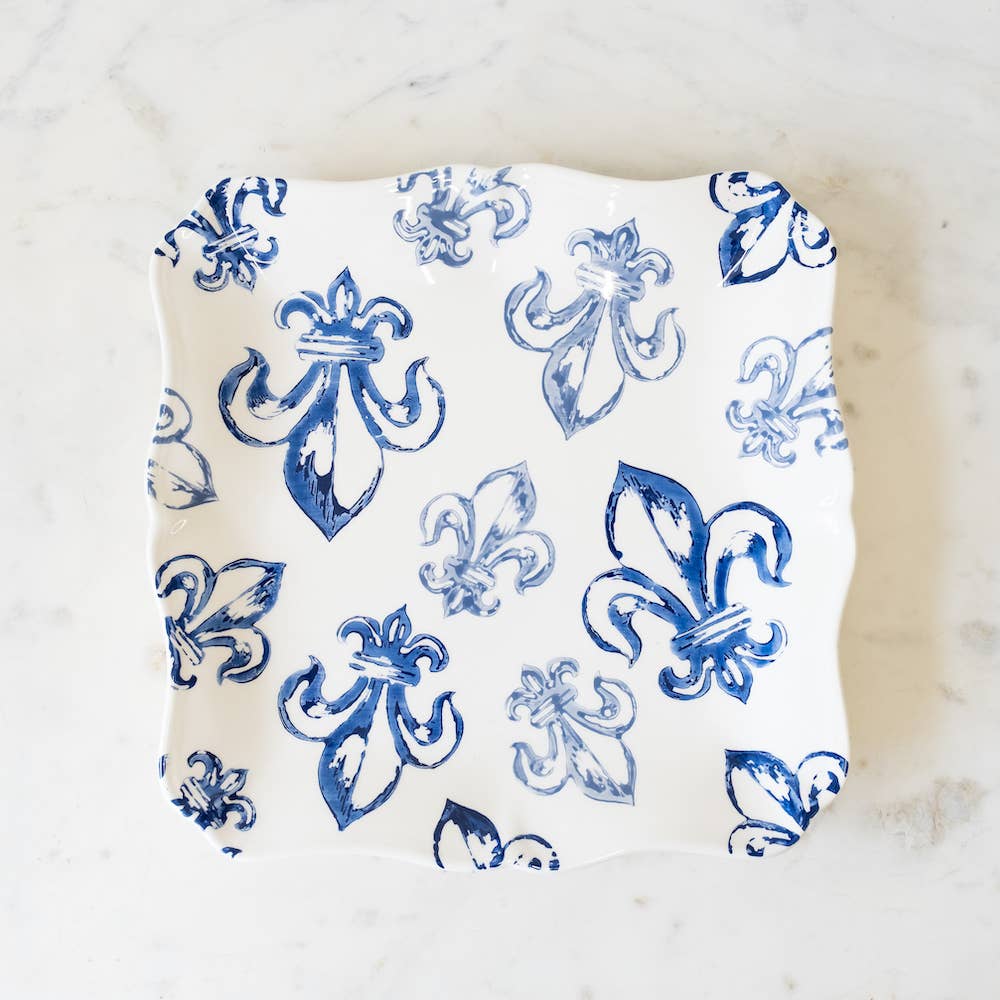 Watercolor Fleur De Lis Serving Platter White/Blue/Light Blue 11.5x11.5x1
