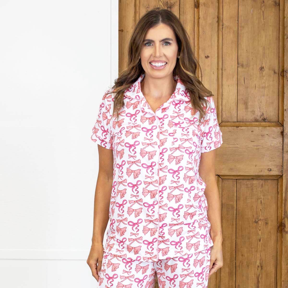 Sutton Bow Short Sleeve Button Up Sleep Shirt White/Pink -Asst.