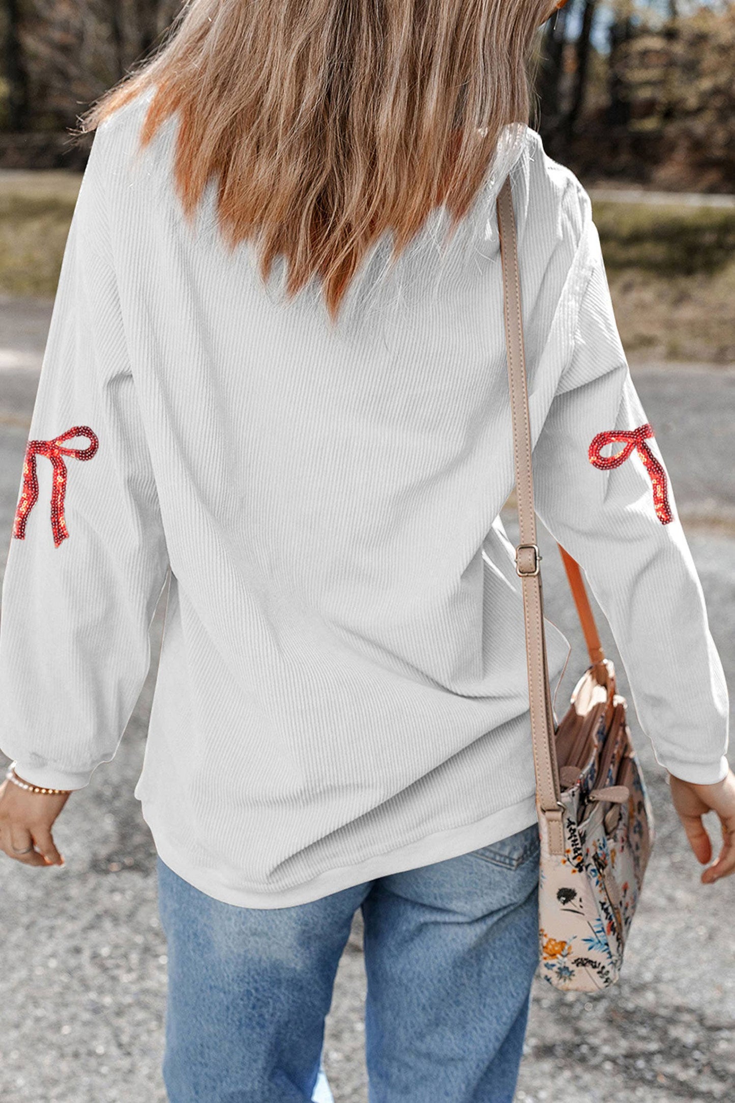 Valentines Bow XOXO Sequin Patch Corded Sweatshirt | S-3XL