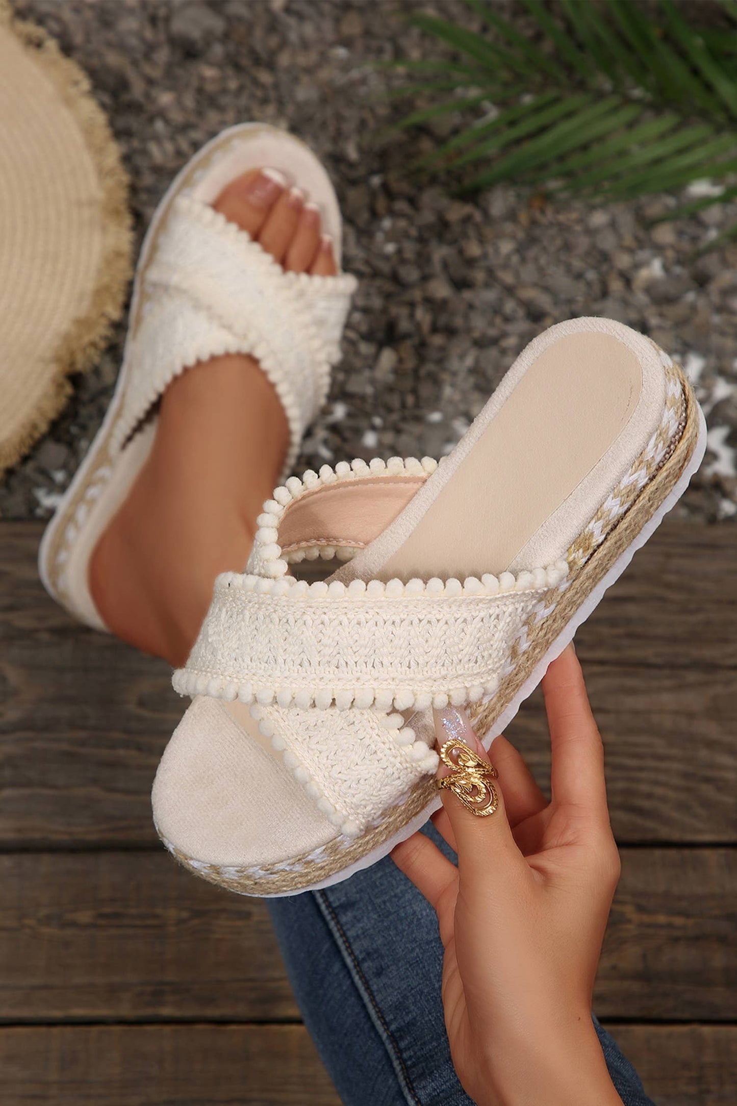 Pompom Knit Platform Slide Slippers | 6-10