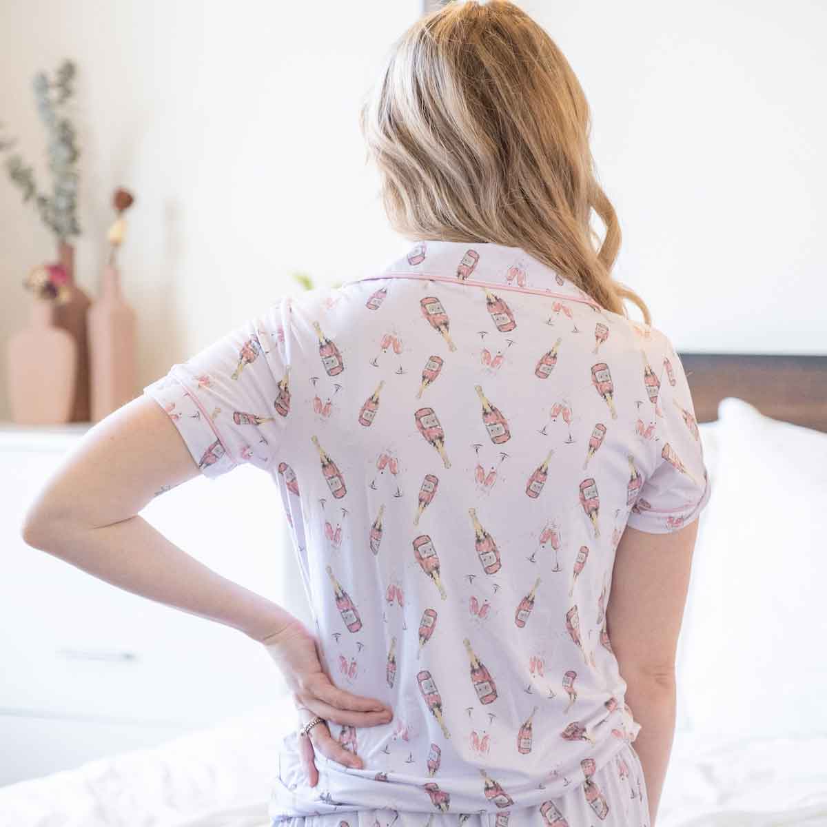 Champagne Dreams Short Sleeve Button Up Sleep Shirt   Light Pink/Mauve/White   -Asst.