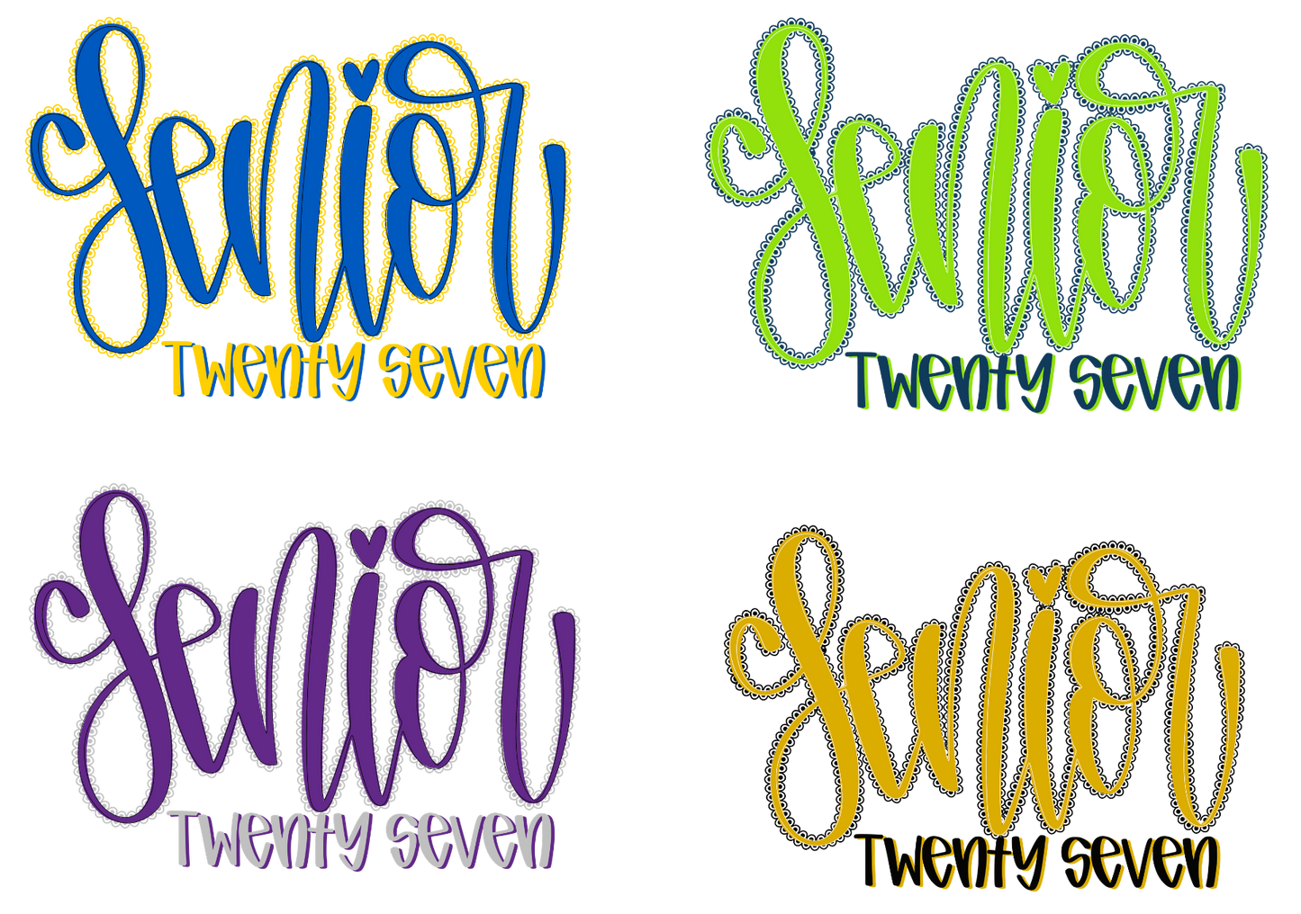 Four instances of 'Senior Twenty Seven' text in different colors on a white background