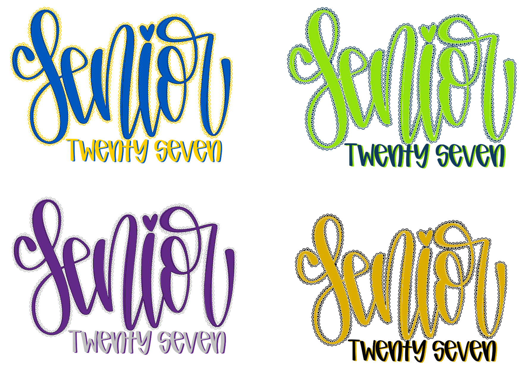 Four instances of 'Senior Twenty Seven' text in different colors on a white background