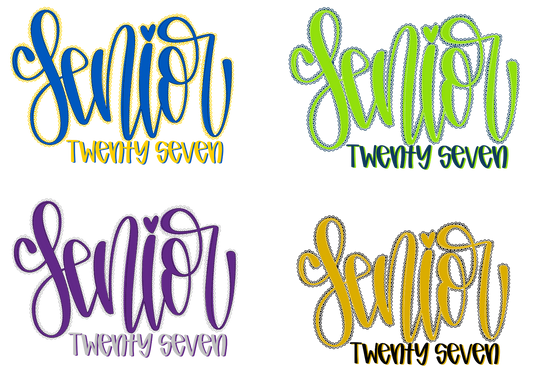 Four instances of 'Senior Twenty Seven' text in different colors on a white background