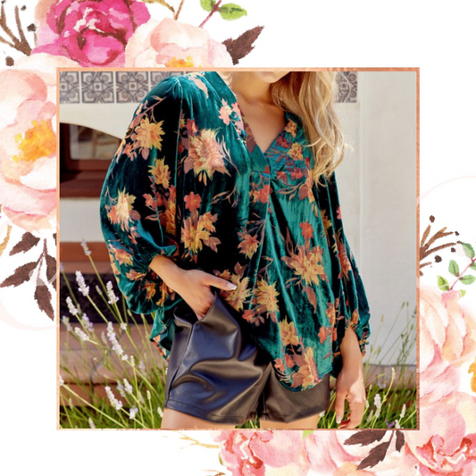 Velvet Floral Bubble Sleeve Blouse
