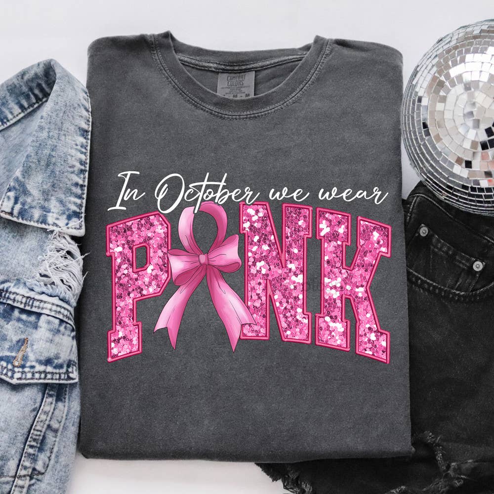 In October We Wear Pink Faux Emboridery  DTF Heat Transfer