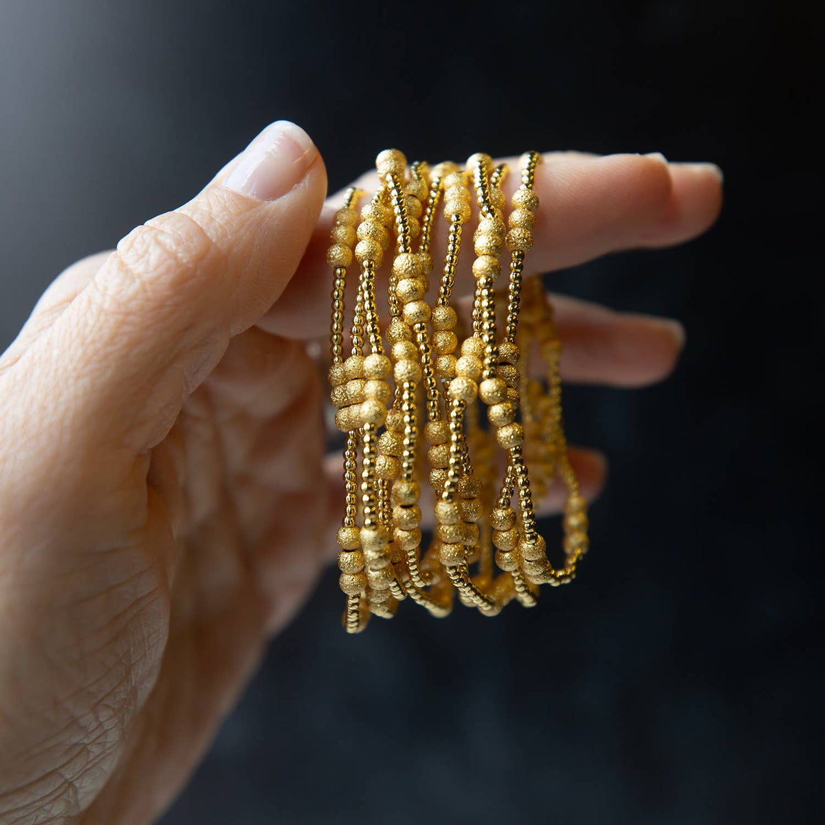 Trio Tarnish Resistant Gold Beaded Stretch Bracelet,Textured
