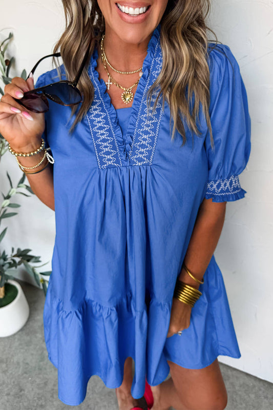 Embroidered Smocked Detail V Neck Mini Dress | S-XL