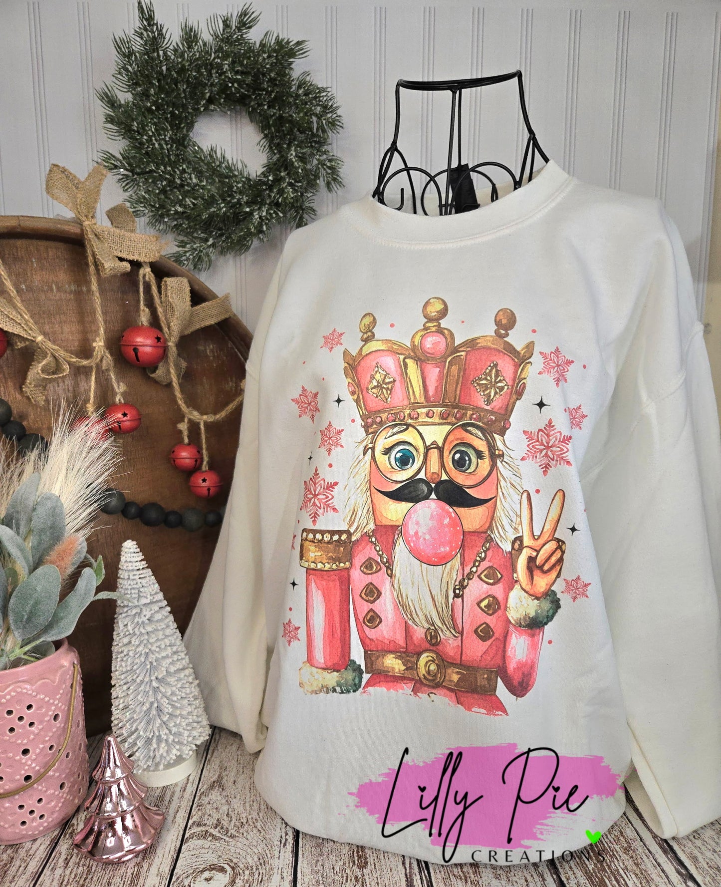 Bubblegum Nutcracker Sublimated Christmas Sweatshirt - White & Light Pink Available