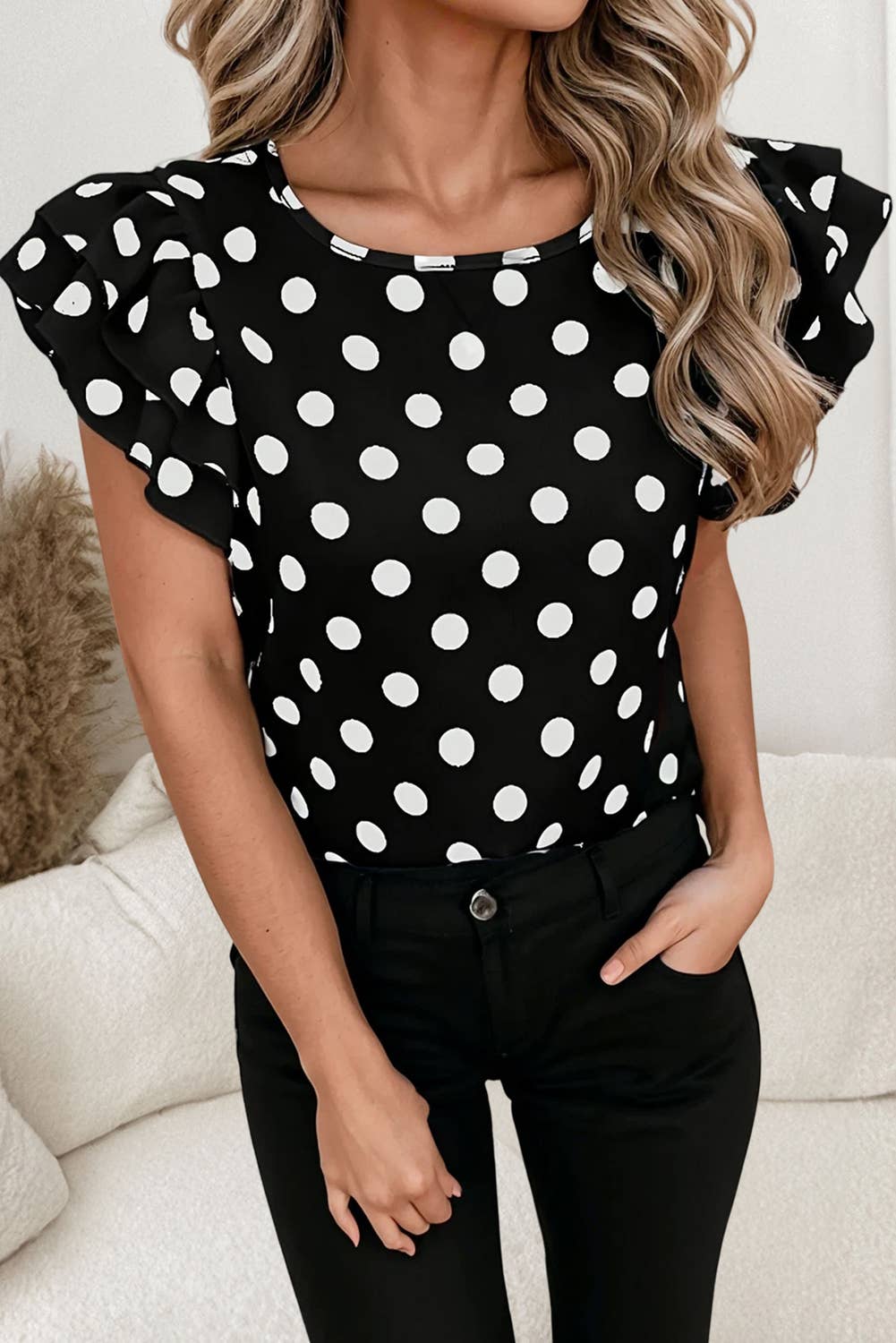 Polka Dot Ruffle Sleeve Short Sleeve Blouse SS26 | S-XL