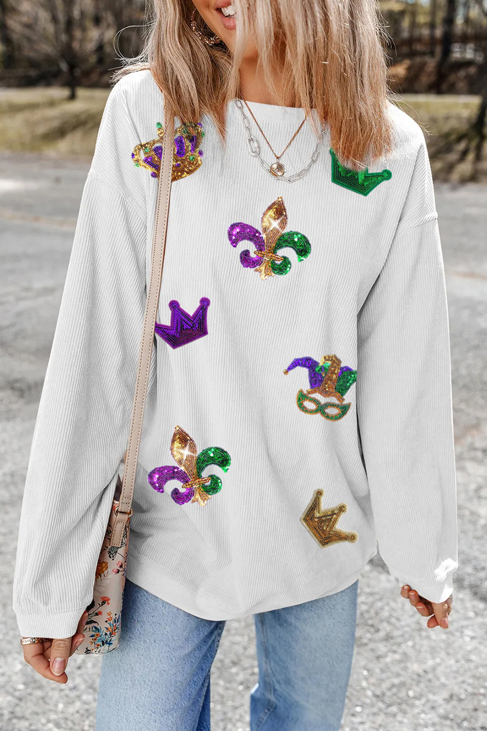Sequin Mardi Gras Graphic Corduroy Sweatshirt | S-2XL