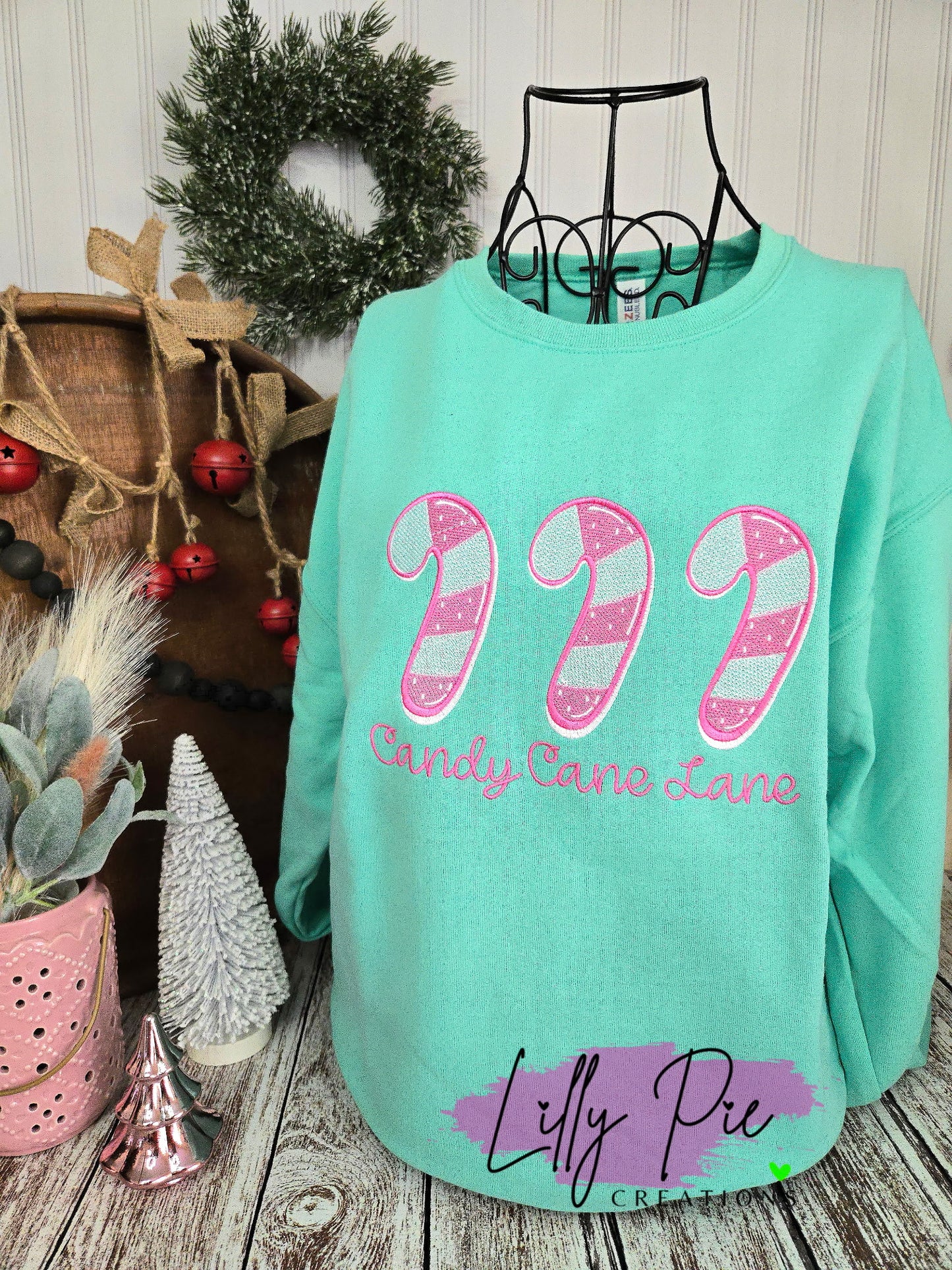 Candy Cane Lane Embroidered Sweatshirt - Mint or Light Pink Available