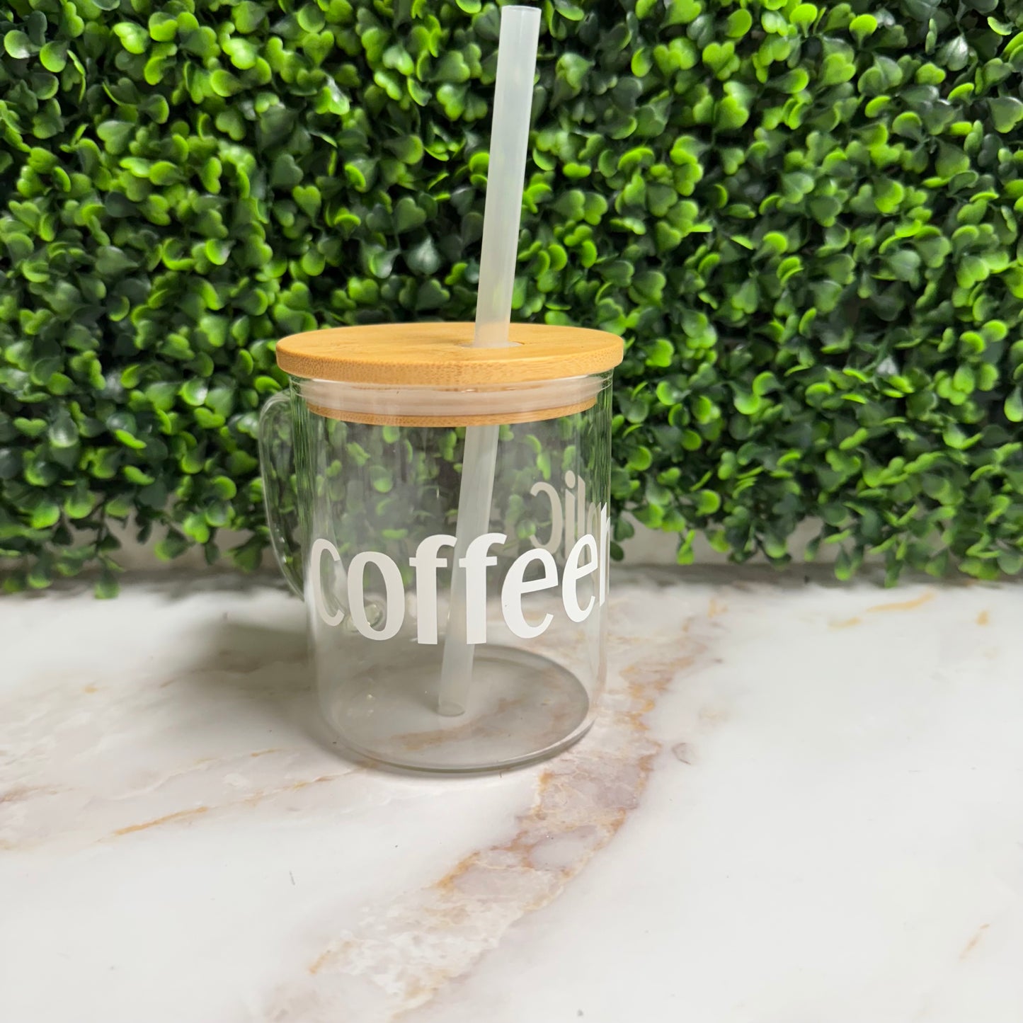 Coffeeholic Glass Mug with Bamboo top and Straw