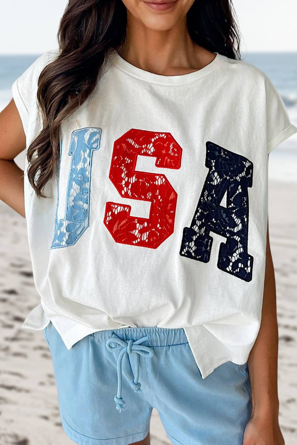 S/S 26 USA Lacy Letter Graphic Shift Top | S-XL
