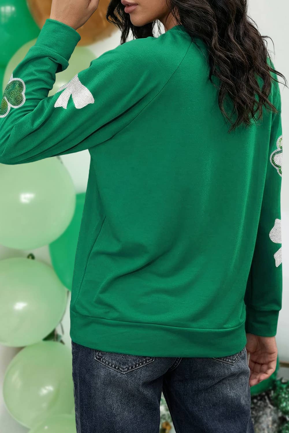 Sequin Bow Clover Graphic Pullover Sweatshirt | S-2XL