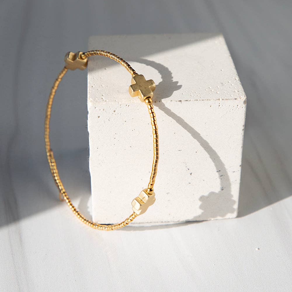 Faithful Beaded Cross Bangle w/ Matte Gold Crosses-Gold