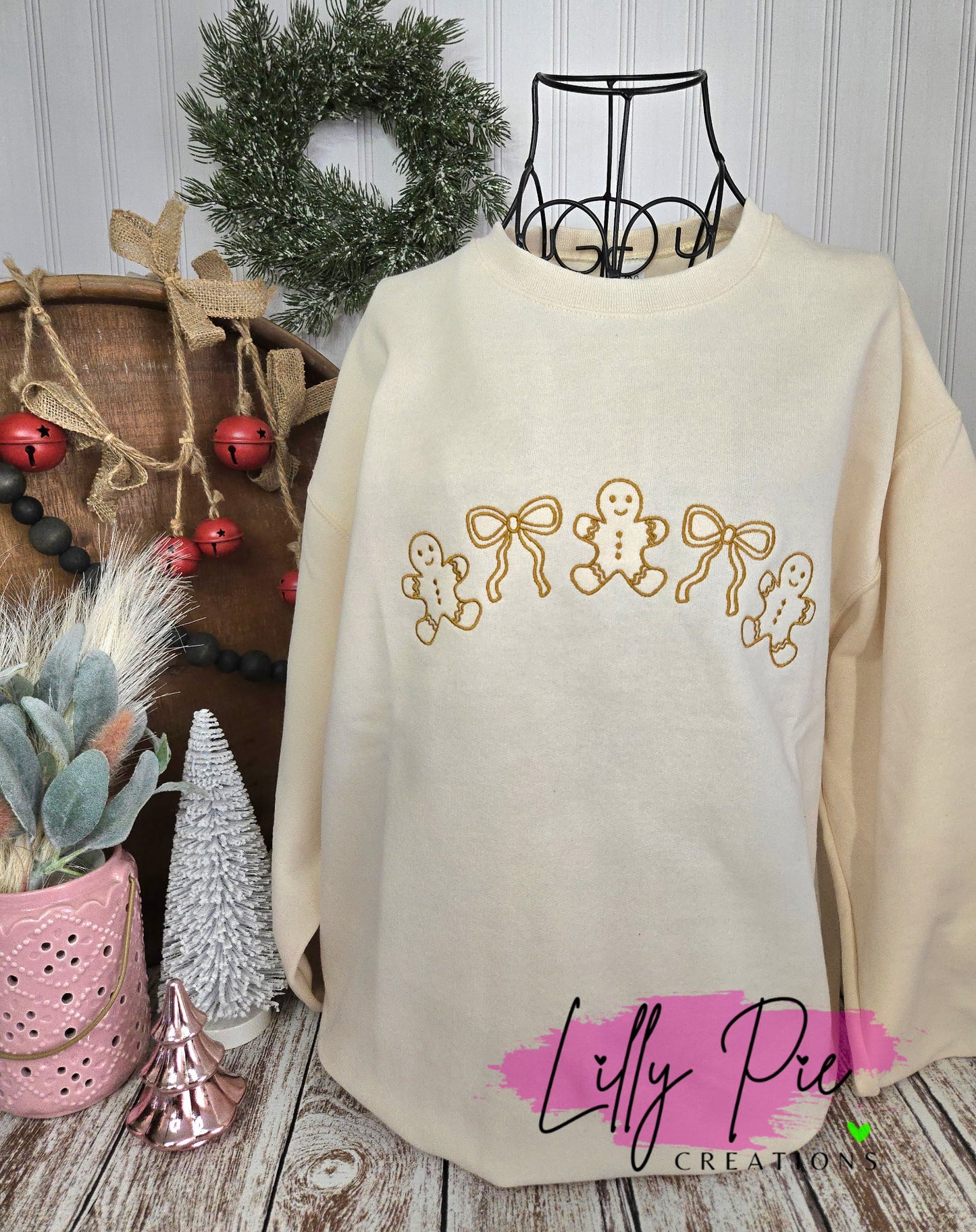 Gingerbread Men and Bows Embroidered Christmas Sweatshirt