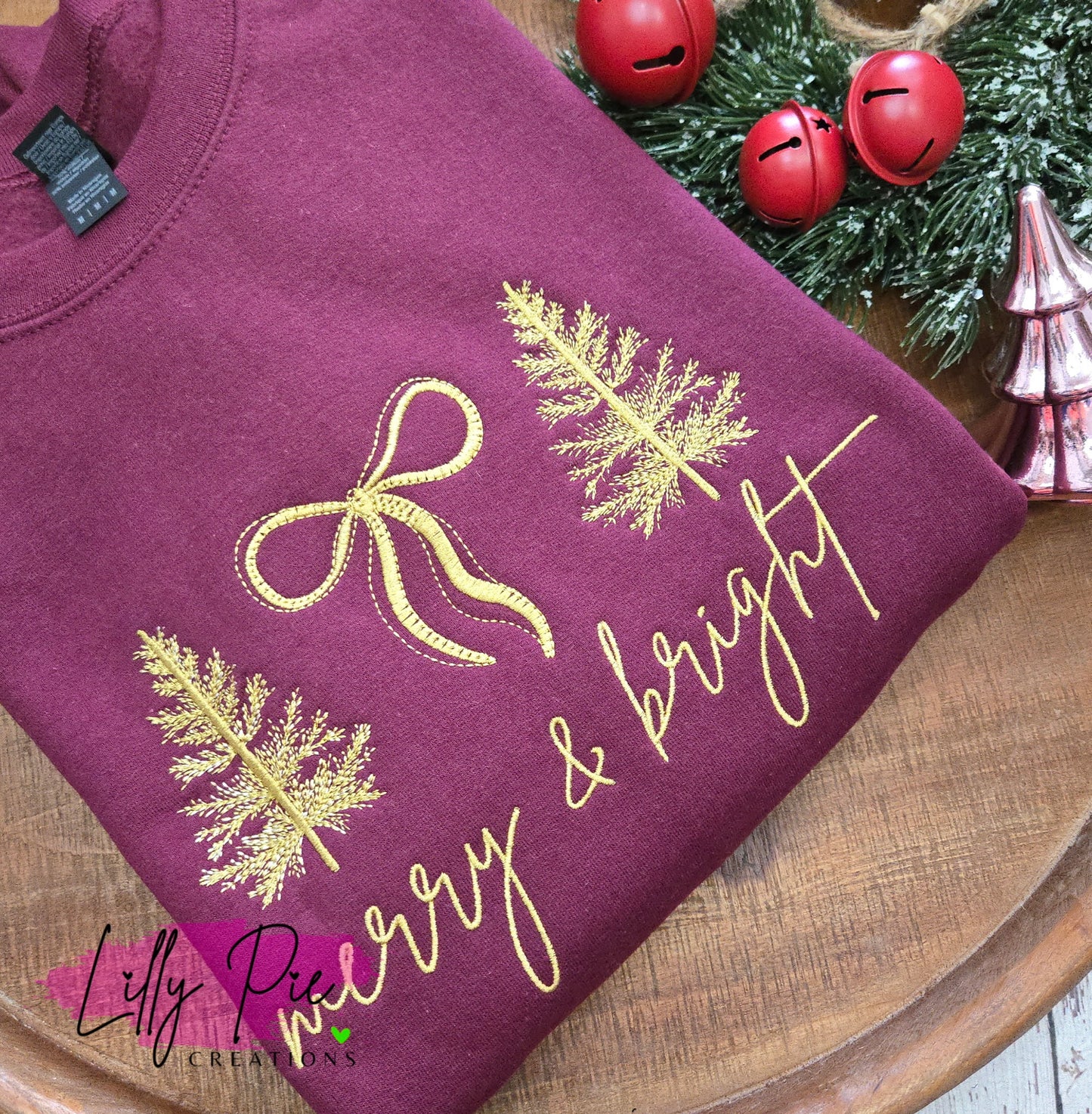Merry & Bright Embroidered Christmas Sweatshirt with Christmas Trees & Bows