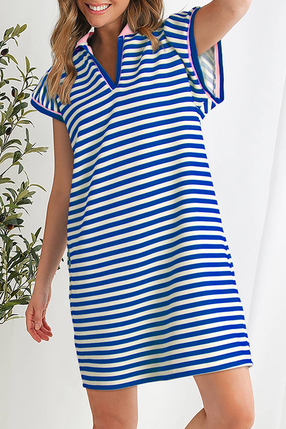 Contrast Striped Ruffle Short Sleeve Dress | S-XL Plus 1X-4X