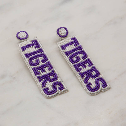 Tigers Beaded Earrings   Purple/White   3"