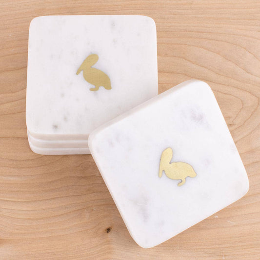 Pelican Marble Coasters   White/Brass   4x4