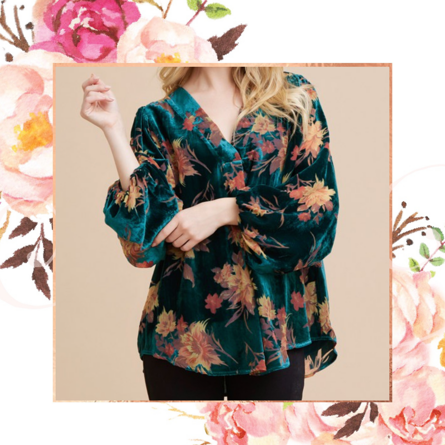 Velvet Floral Bubble Sleeve Blouse
