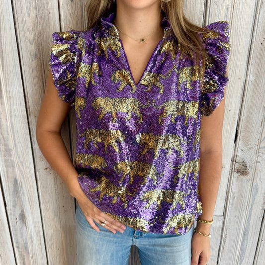 Tiger Sequin Flutter Sleeve Tank