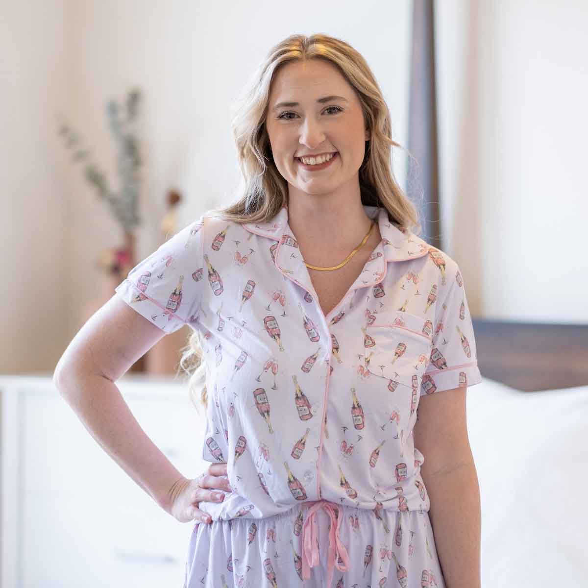 Champagne Dreams Short Sleeve Button Up Sleep Shirt   Light Pink/Mauve/White   -Asst.