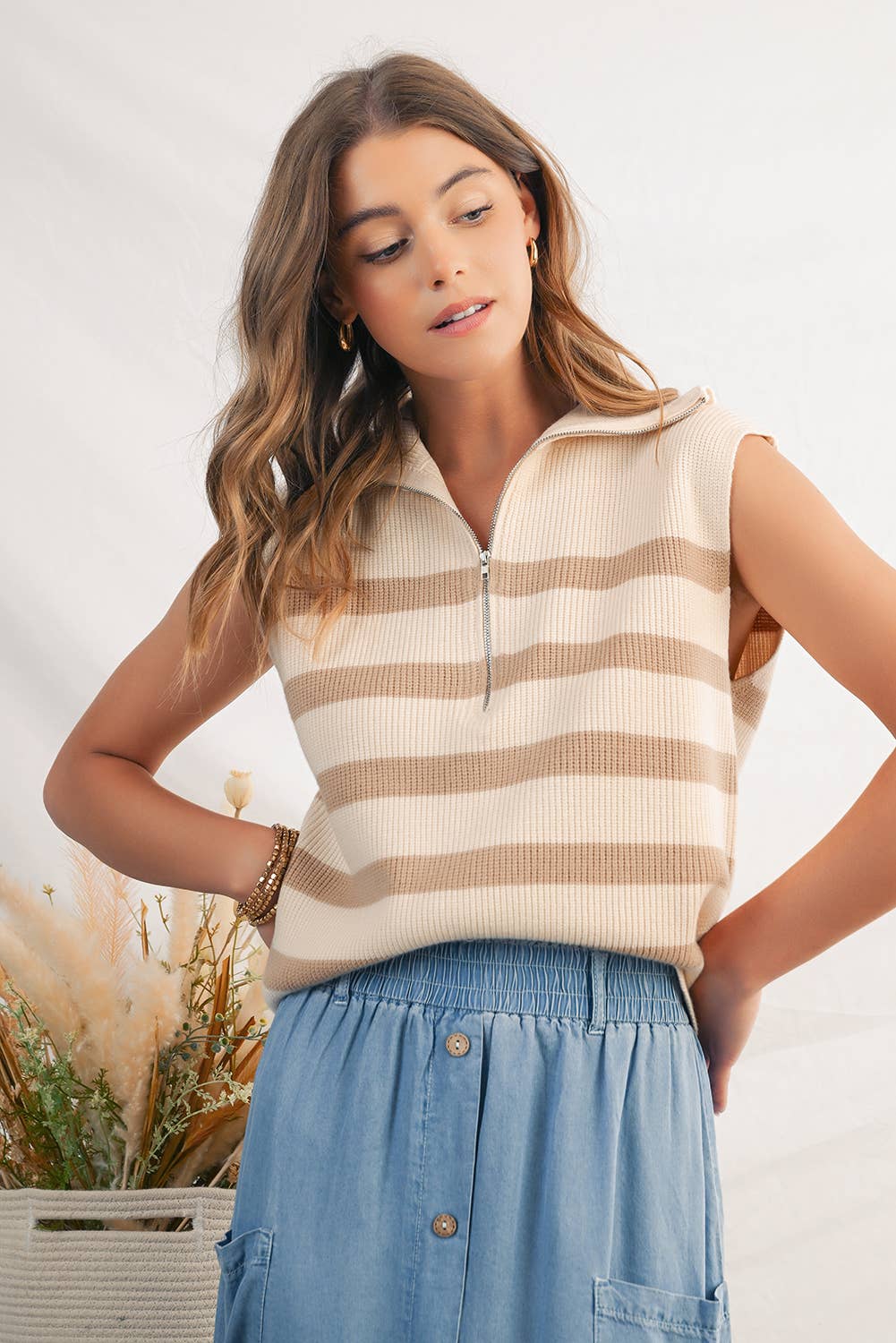 Striped Ribbed Zip Collared Sweater Vest | S-XL