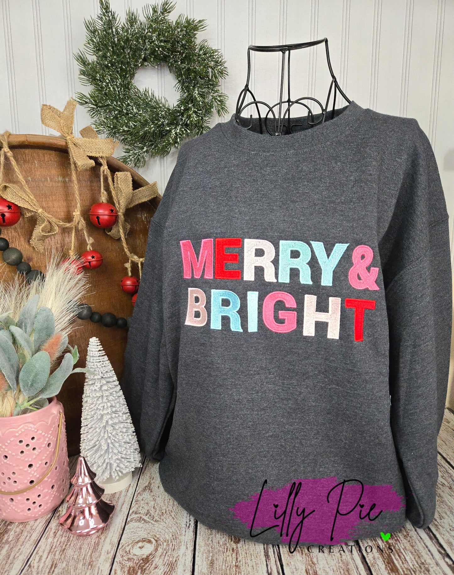 Merry & Bright Block Letter Embroidered Christmas Sweatshirt