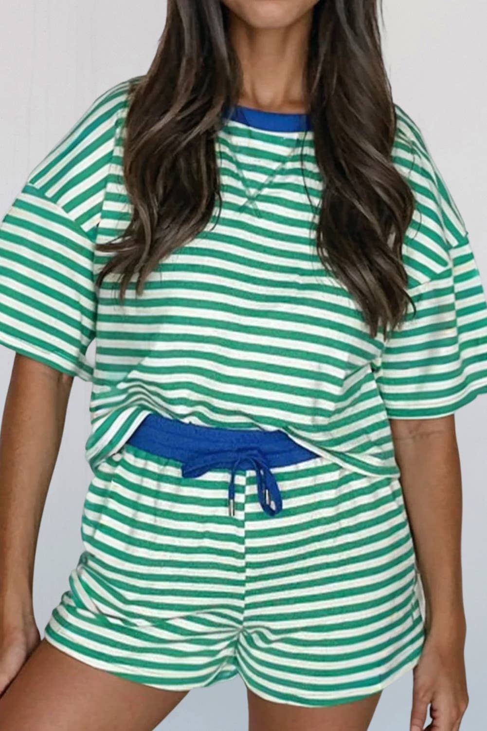 Stripe Contrast Trim Boxy Terry 2pcs Short Set | S-XL