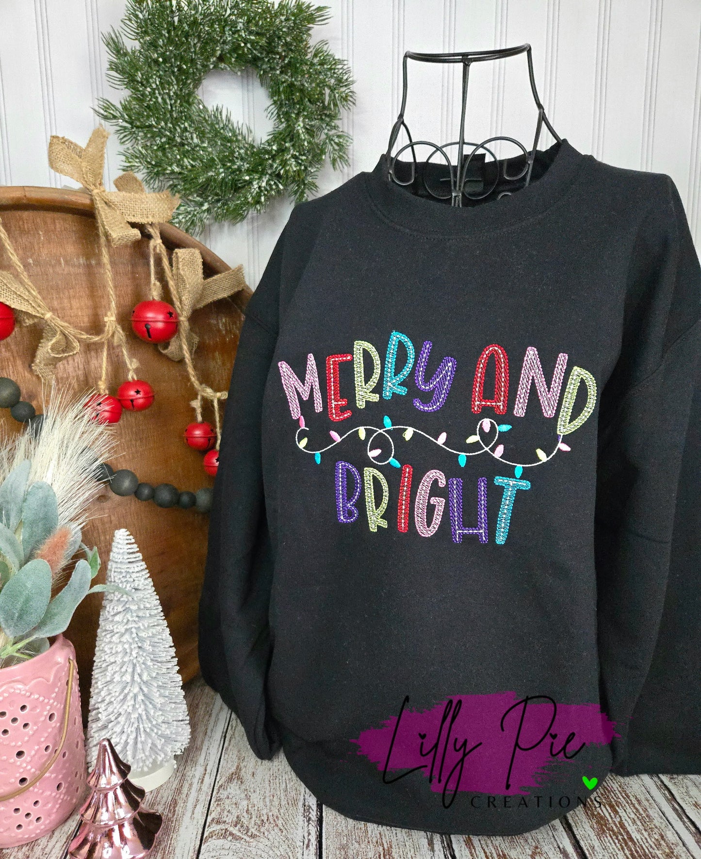 Merry & Bright with Lights Embroidered Christmas Sweatshirt