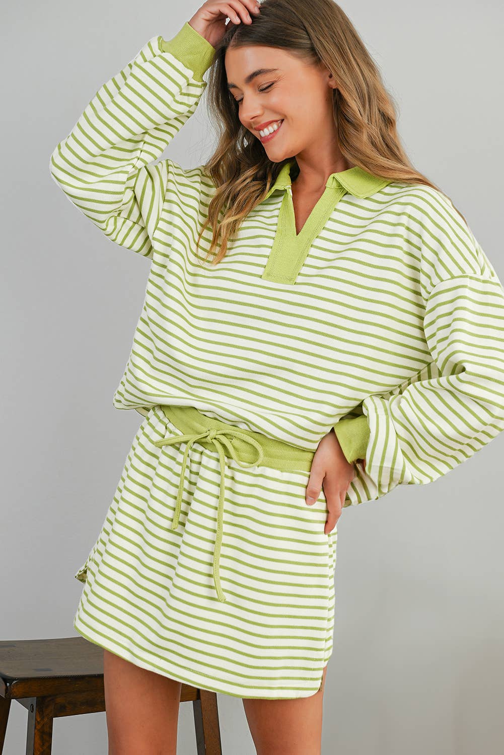 Stripe Collared Pullover & Skort 2pcs Outfit | S-XL