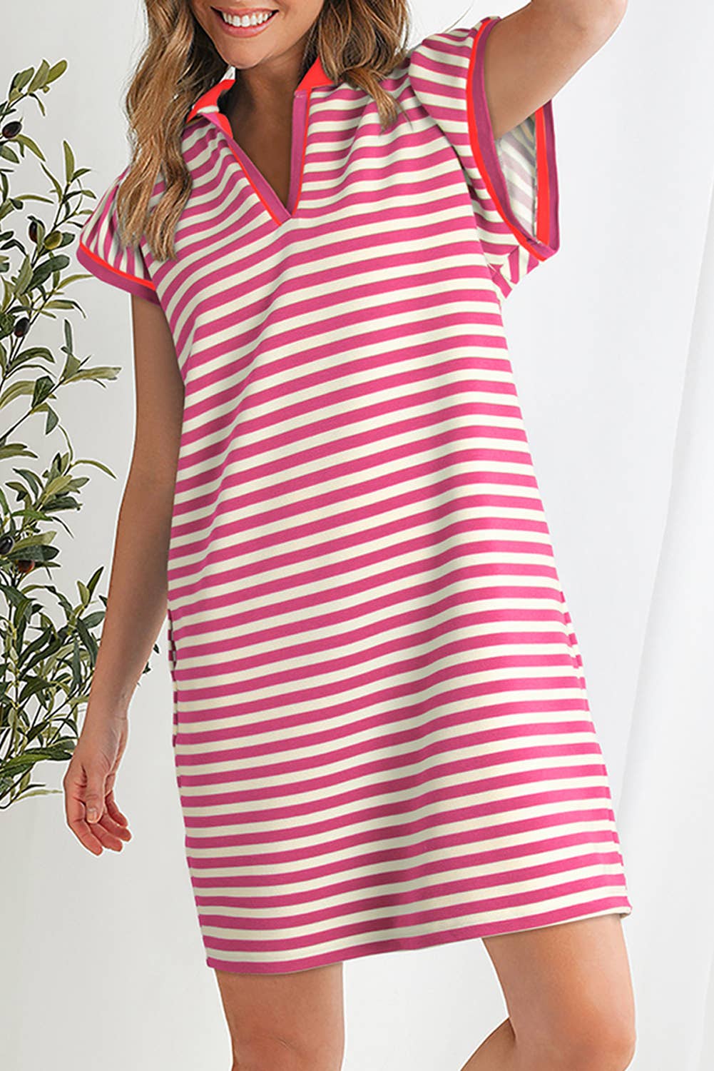 Contrast Striped Ruffle Short Sleeve Dress | S-XL Plus 1X-4X