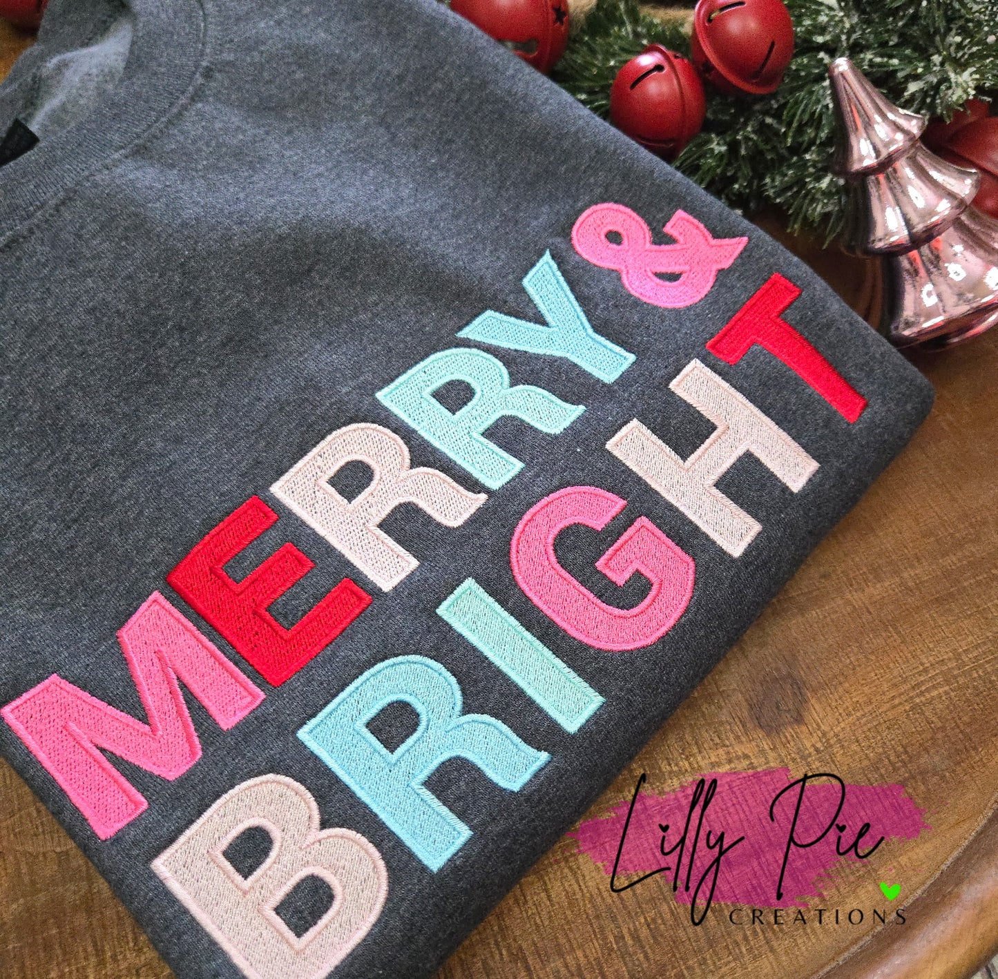 Merry & Bright Block Letter Embroidered Christmas Sweatshirt