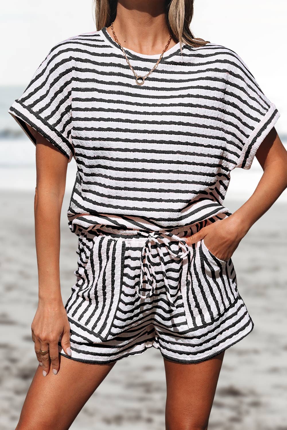 Stripe Knitted Top and Drawstring Shorts Set | S-XL